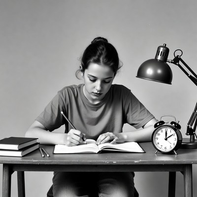 Girl studying at desk with lamp