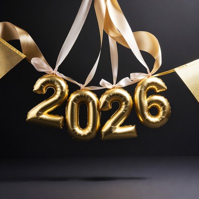 Golden 2026 Balloons Hanging with Ribbons