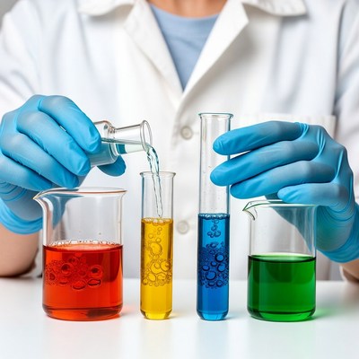 Woman scientist pouring chemical into beaker