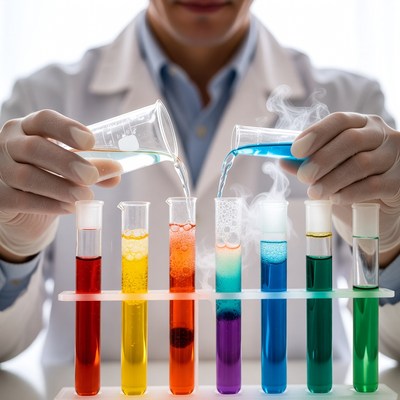 Scientist pouring liquids into colorful test tubes
