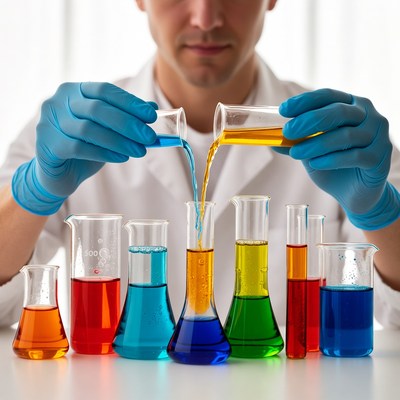 Scientist pouring colorful chemicals in lab