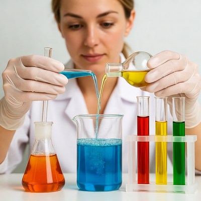 Woman scientist pouring colored liquids