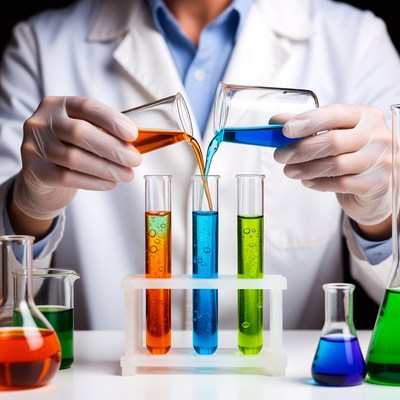 Scientist pouring colored liquids in lab