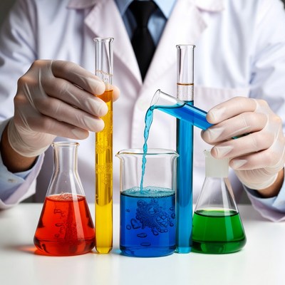 Scientist pouring blue liquid into beaker