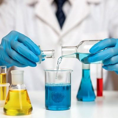 Scientist pouring chemical into beaker