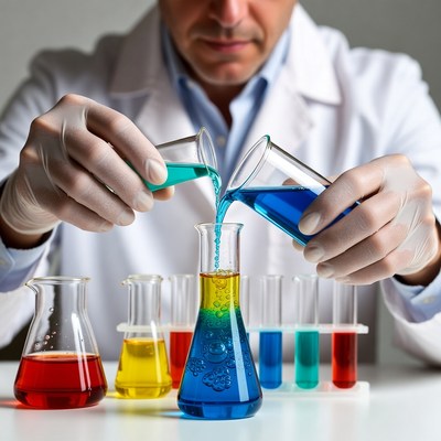 Scientist mixing colored chemicals in lab