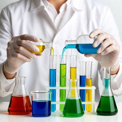 Woman pouring colored liquids in lab