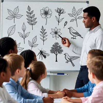 African-American teacher pointing at plant drawings
