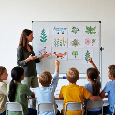 Teacher leading kids classroom animal lesson