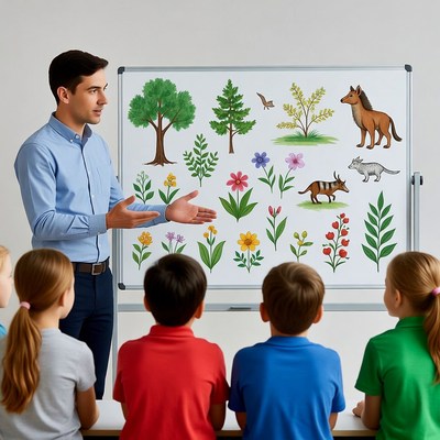 Teacher presenting animals to classroom kids
