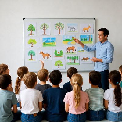 Teacher pointing at animal drawings classroom