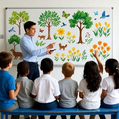 Teacher pointing at nature whiteboard with students