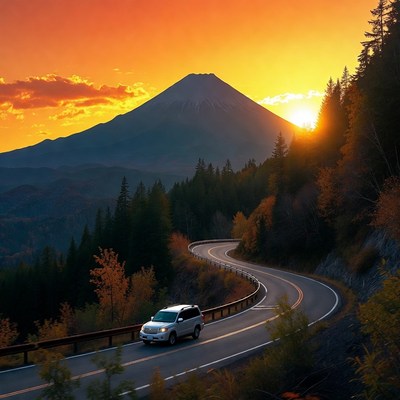 White SUV on mountain road at sunset