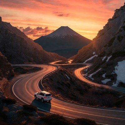 White SUV on winding road near Mount Fuji