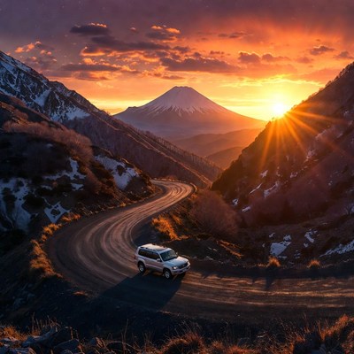 White SUV on snowy mountain road at sunset