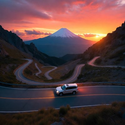 White SUV on winding road to Mount Fuji sunset