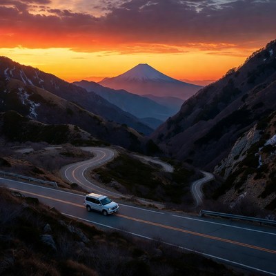 White SUV on mountain road with Mt Fuji sunset