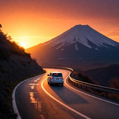 Silver SUV Driving Mount Fuji Sunset