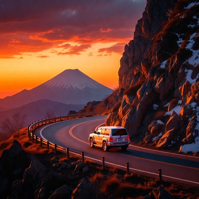 White SUV on mountain road near Mount Fuji