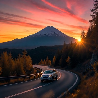 White SUV Driving Mount Fuji Road