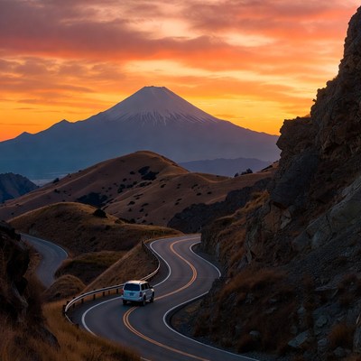 White Van on Winding Road Near Mount Fuji