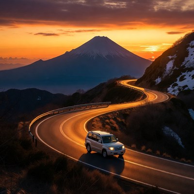 White SUV on winding road near Mount Fuji sunset