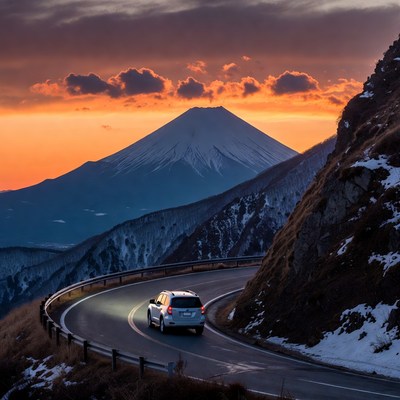 Silver Car Driving Near Mount Fuji