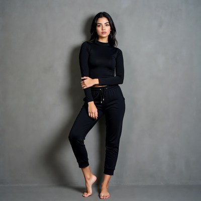 Young woman in black turtleneck joggers
