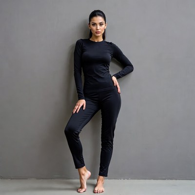 Woman posing in black leggings against gray wall