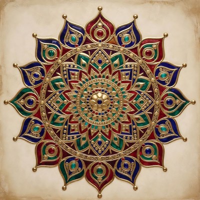 Ornate Gold Mandala with Colorful Petals