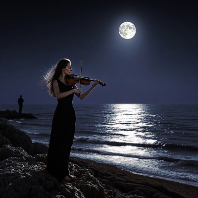 Woman playing violin by moonlit sea