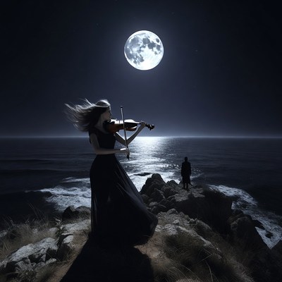 Woman Playing Violin Under Moonlit Sea