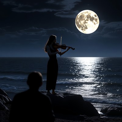Woman playing violin by moonlit sea