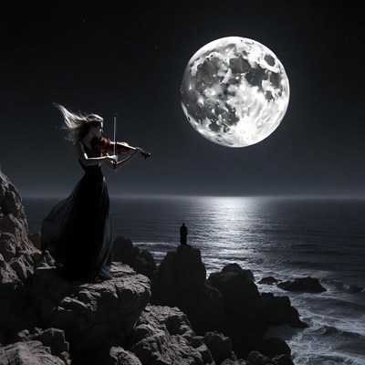 Woman playing violin under full moon