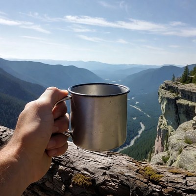 Hand holding mug over mountain valley