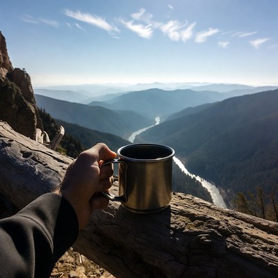 Man holding mug over mountain valley