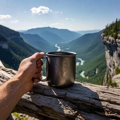 Hand holding mug over mountain valley