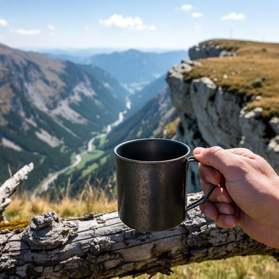Hand holding mug on mountain cliff