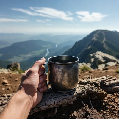 Hand holding mug on mountain edge