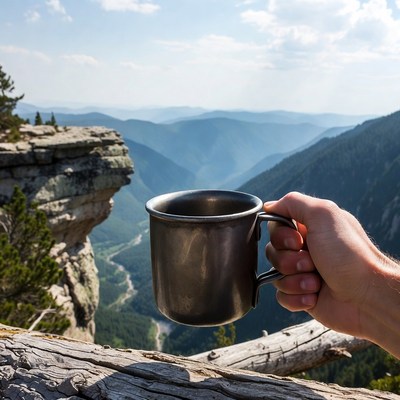 Hand holding mug on mountain cliff