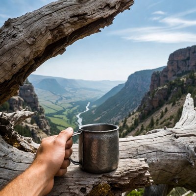 Man holding mug overlooking mountain valley