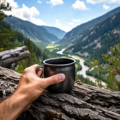 Man holding mug overlooking mountains