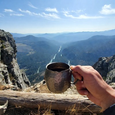 Hand holding coffee mug over mountains