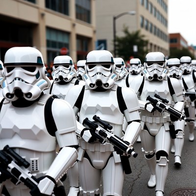 Stormtroopers marching in city street