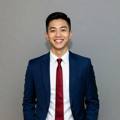 Asian man smiling in navy suit