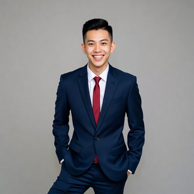 Asian man in navy suit smiling