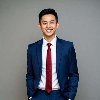 Asian man in blue suit smiling