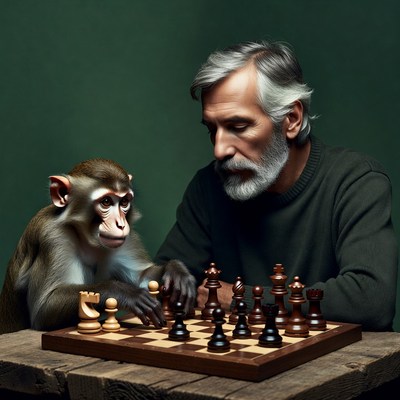 Elderly man playing chess with monkey