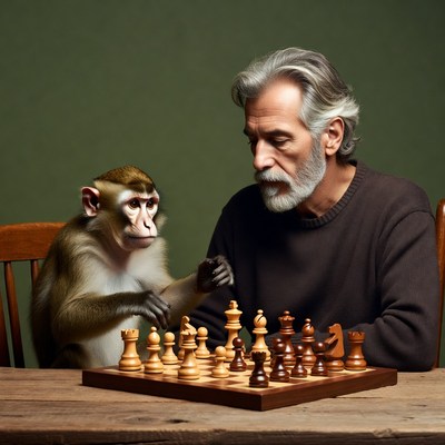 Elderly man playing chess with monkey