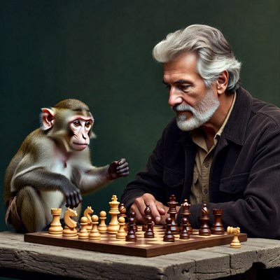 Elderly man playing chess with monkey